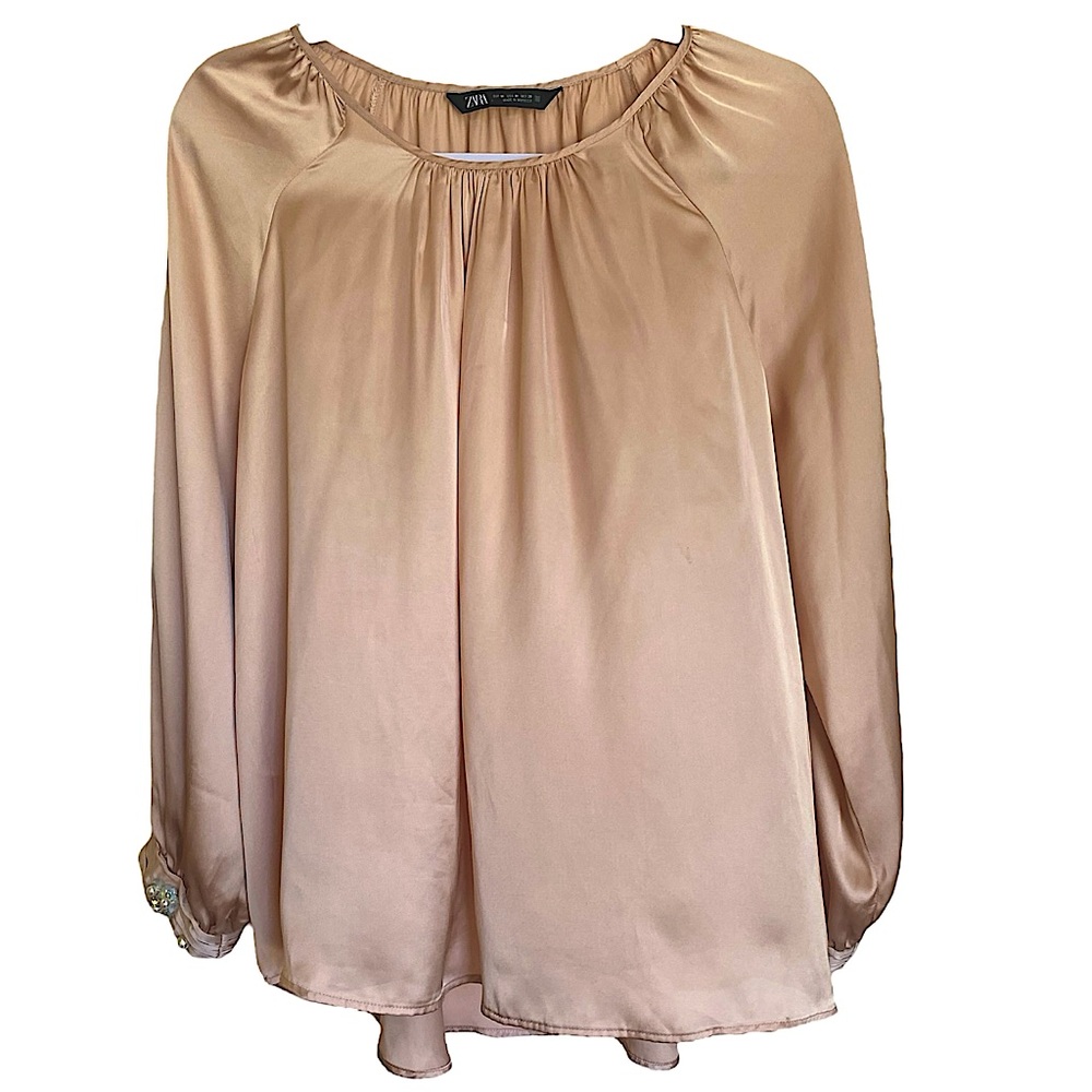 Zara Satin Blouse in Soft Girl Pink Scoop Neck Long Bejeweled Sleeve Cuff Top